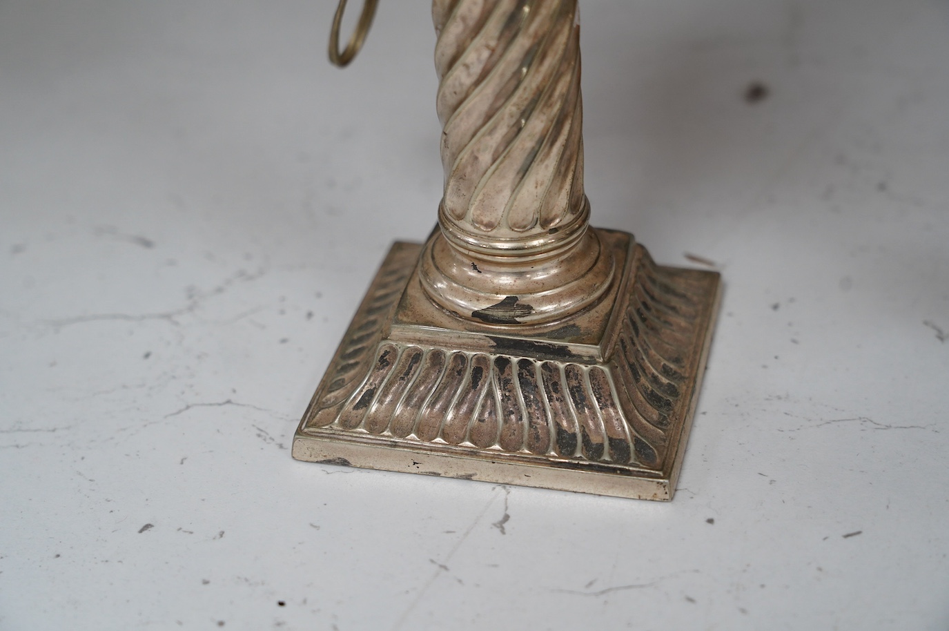 A pair of electroplate and ruby glass oil lamps, 35cm. Condition - good, not tested